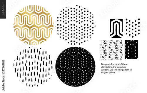 Hand drawn Patterns - a group set of four abstract seamless patterns - black, gold and white. Circle rounded pieces with geometrical lines, dots and shapes - pieces