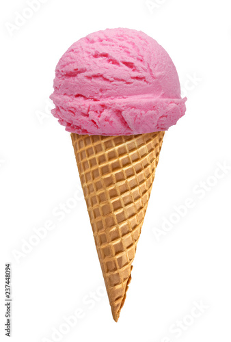 Strawberry Ice cream scoop with cone isolated on white background