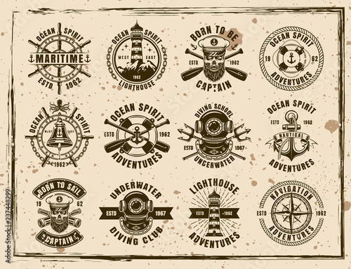 Maritime vector emblems on textured background
