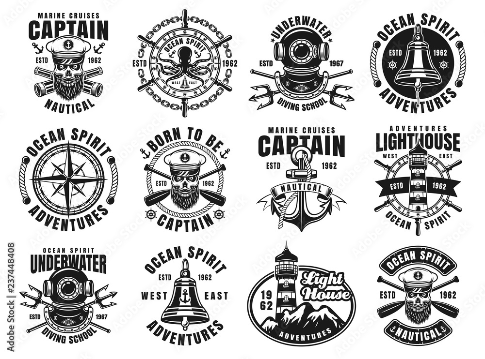 Nautical set of twelve vector vintage emblems