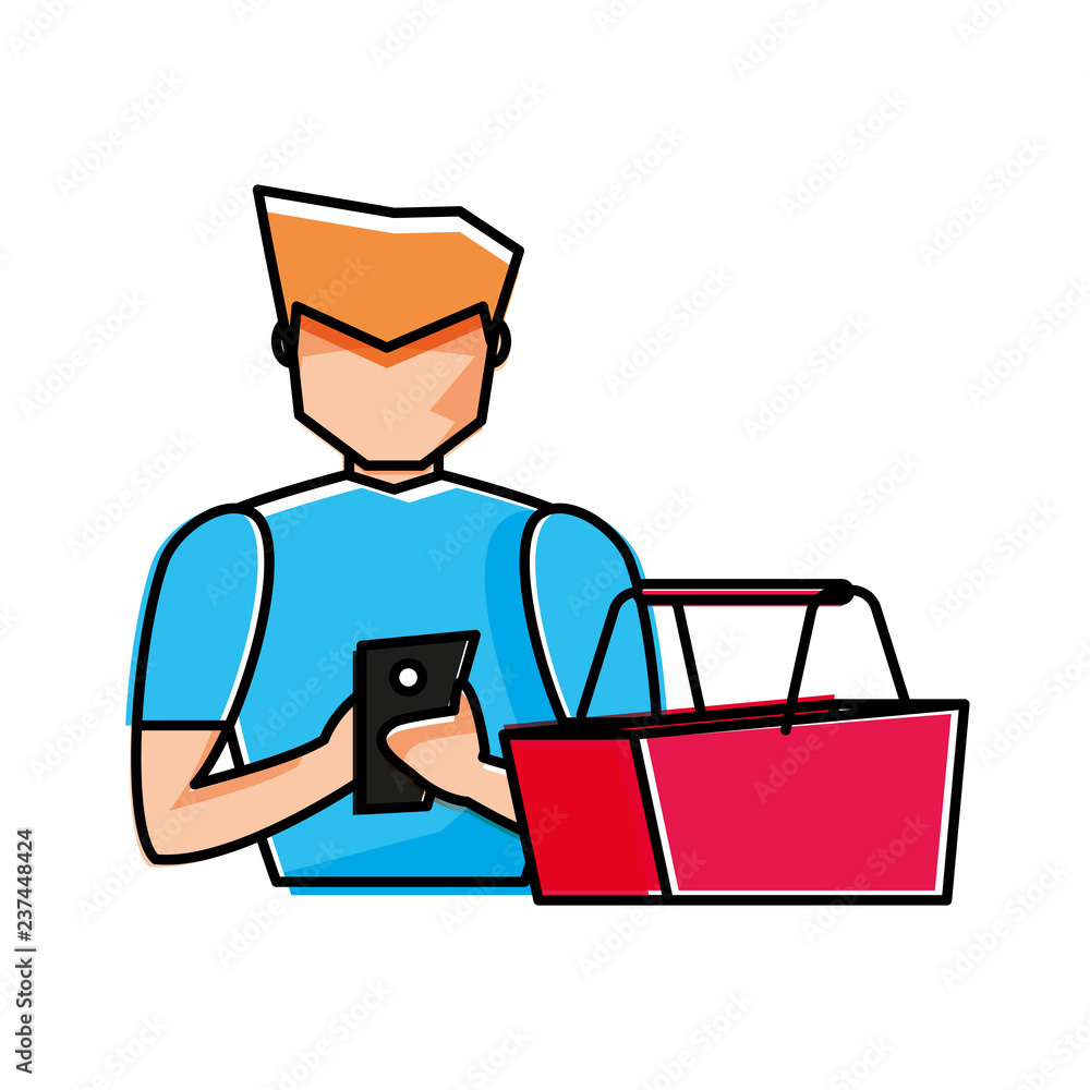 young man with basket shopping and smartphone