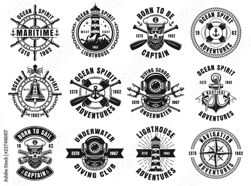 Nautical thematic big set of vector retro emblems