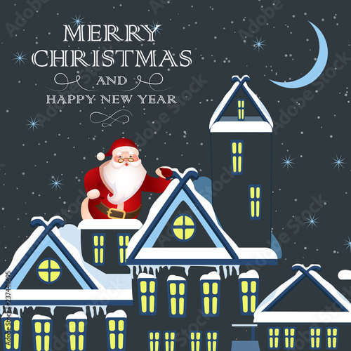Christmas festive card design. Cute Santa on snow covered city building rooftop. Illustration can be used for banners, flyers, posters
