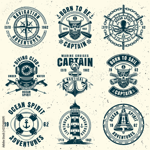 Nautical set of nine vector vintage style emblems