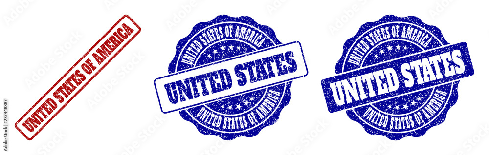 Fototapeta premium UNITED STATES OF AMERICA grunge stamp seals in red and blue colors. Vector UNITED STATES OF AMERICA signs with grunge surface. Graphic elements are rounded rectangles, rosettes,