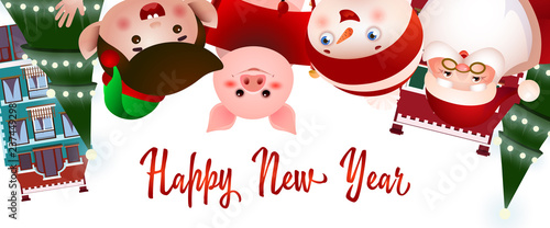 New Year party flyer design. Upside down Santa Claus, elf, snowman, pig, fir tree and houses on white background. Illustration can be used for greeting cards, banners, posters
