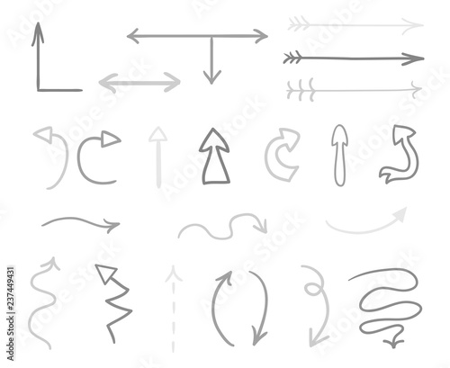 Hand drawn infographic elements on white. Abstract arrows. Line art. Set of different signs. Black and white illustration. Doodles for artworks