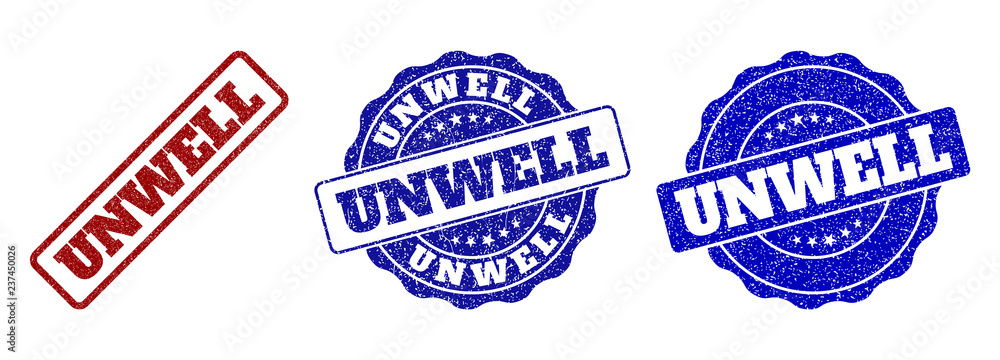 UNWELL grunge stamp seals in red and blue colors. Vector UNWELL overlays with distress style. Graphic elements are rounded rectangles, rosettes, circles and text captions.