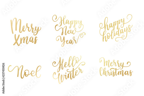 Happy New Year labels, emblems, logo, text, greeting cards set. Vector winter holidays backgrounds with hand lettering calligraphy. Golden gradient