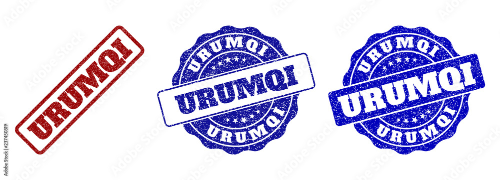 URUMQI grunge stamp seals in red and blue colors. Vector URUMQI labels with grunge style. Graphic elements are rounded rectangles, rosettes, circles and text labels.