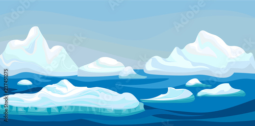 Cartoon arctic iceberg with blue sea, winter landscape. Scene game concept Arctic Ocean and snow mountains. Vector nature background illustration