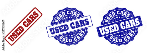 USED CARS grunge stamp seals in red and blue colors. Vector USED CARS signs with grunge surface. Graphic elements are rounded rectangles, rosettes, circles and text tags.
