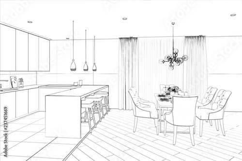 3d illustration. Sketch of modern dining room
