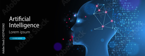 Artificial intelligence (AI) and big data concept. Machine cyber mind.  Humen face with binary data flow. Technology vector background.