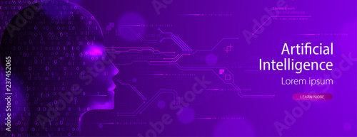 Artificial intelligence (AI) and big data concept. Machine cyber mind.  Humen face with binary data flow. Technology vector background.
