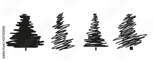 Christmas trees on white. Set for icons on isolated background. Geometric art. Objects for polygraphy, posters, t-shirts and textiles. Black and white illustration