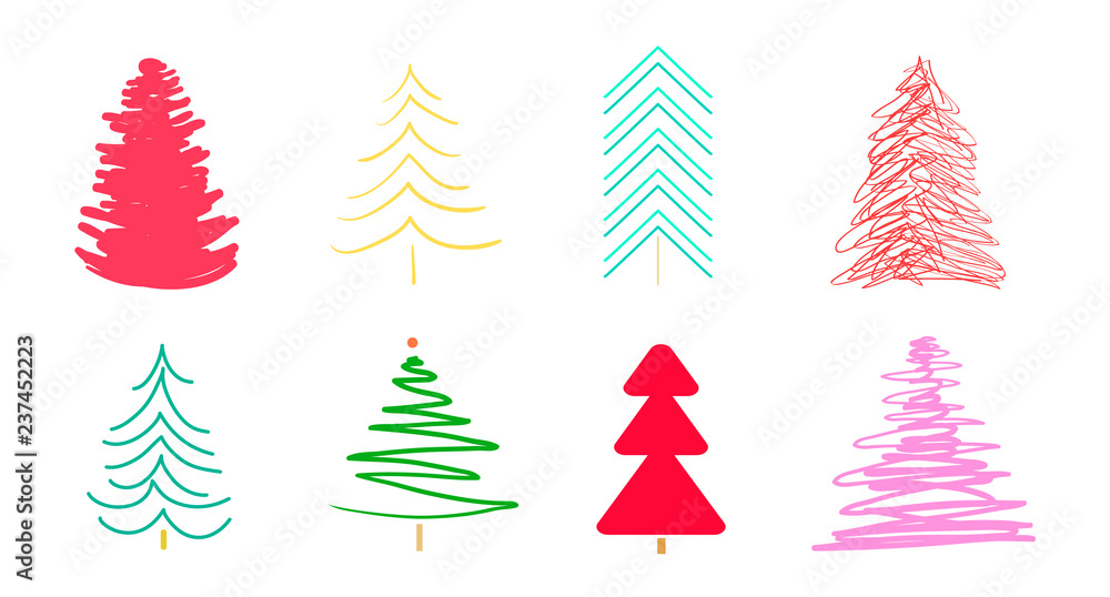 Obraz premium Christmas trees on white. Set for icons on isolated background. Geometric art. Objects for polygraphy, posters, t-shirts and textiles. Colored illustration