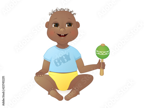 cute smiling baby boy african american boy sitting with a rattle. cartoon character. isolated image. vector illustration.