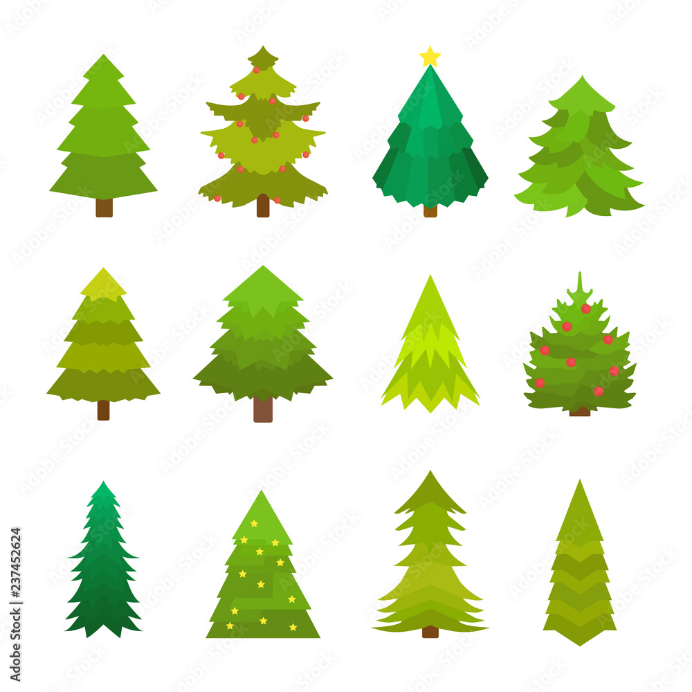 Christmas decorated green tree set. Fir vector illustration Christmas decorated green tree set. Fir vector illustration