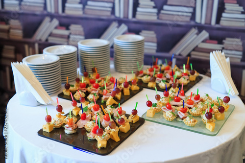 the buffet at the reception. Assortment of canapes.
