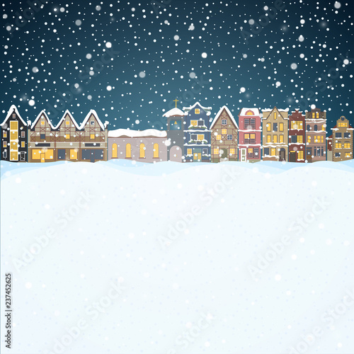 Christmas house in snowfall at the night. Happy holiday greeting card with snow town skyline. Midtown houses panorama xmas poster. Vector winer illustration
