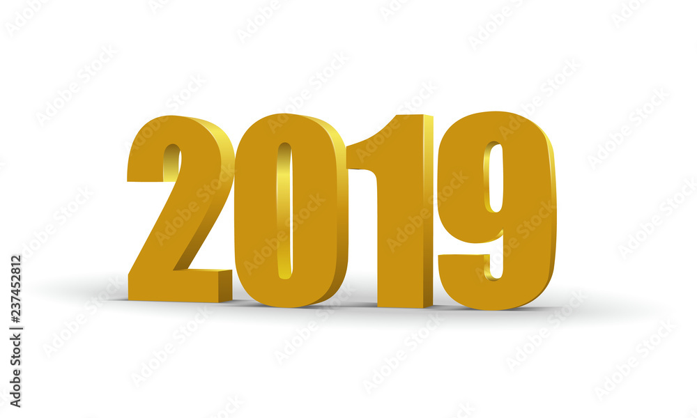2019 Happy New Year red 3d numbers. Perspective colored paper symbol. Vector illustration