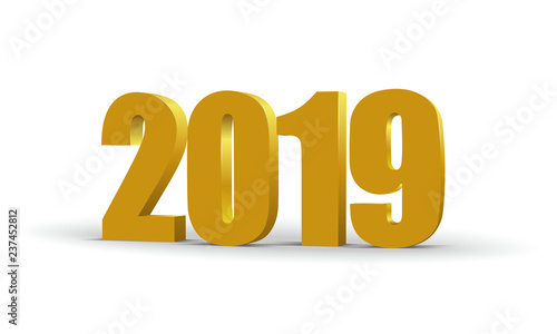 2019 Happy New Year red 3d numbers. Perspective colored paper symbol. Vector illustration