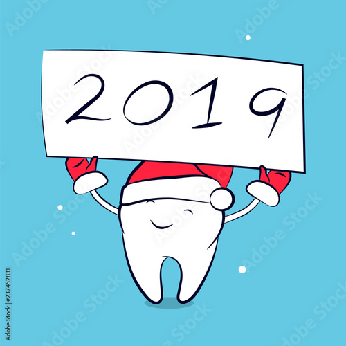 Cute funny cartoon tooth in santa hat and mittens. Vector concept of New Year and Christmas greeting for the dental clinic. Winter holidays in dentistry.