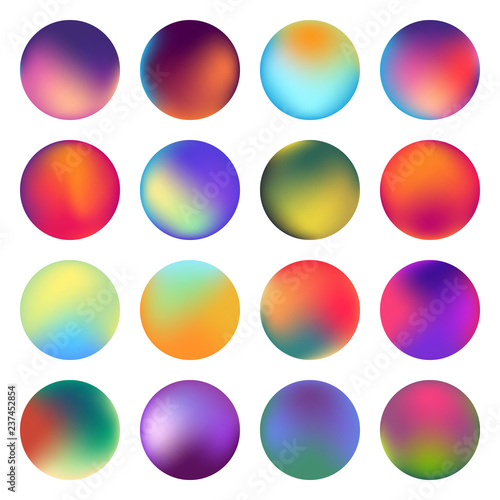 Rounded holographic gradient sphere button. Multicolor green purple yellow orange pink cyan fluid circle gradients, colorful soft round buttons or vivid color spheres flat vector set