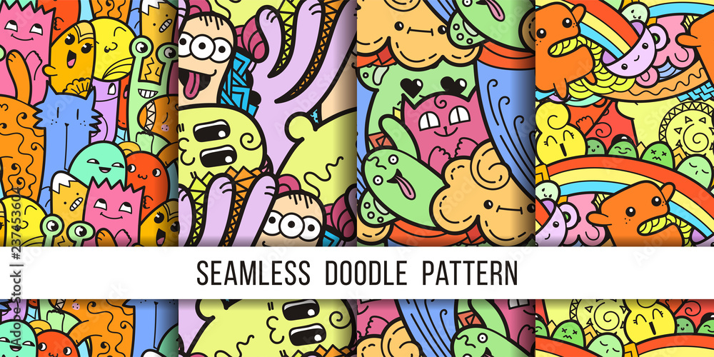 Obraz premium Collection of funny doodle monsters seamless pattern for prints, designs and coloring books