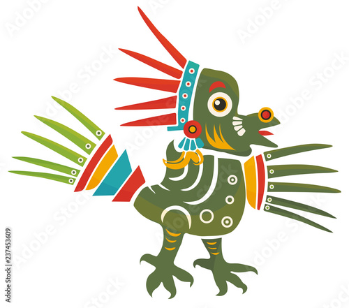 Aztec Codex Borbonicus art imitation vector illustration. Tribal native mexican american bird feathered totem. Aztec Bird god isolated.