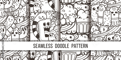 Collection of funny doodle monsters seamless pattern for prints, designs and coloring books