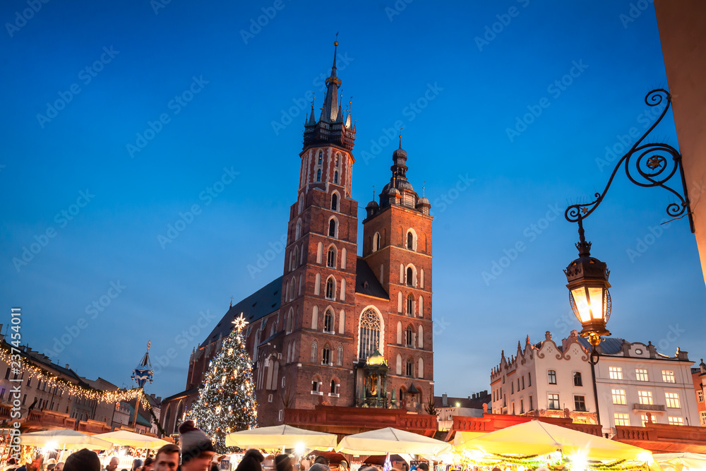 Christmas market in Krakow city on evening
