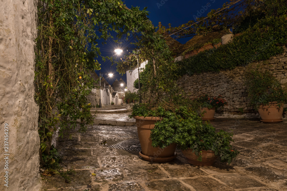 Night view of Alberobello street and many pots with flowers and street lights after rain, Puglia region in Italy