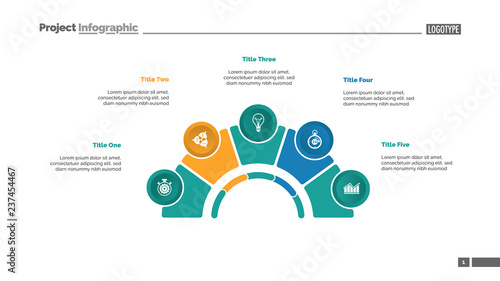 Process chart with five elements. Step diagram, pie chart, layout. Creative concept for infographics, presentation, project, report. Can be used for topics like management, strategy, planning.