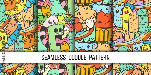 Collection of funny doodle monsters seamless pattern for prints, designs and coloring books