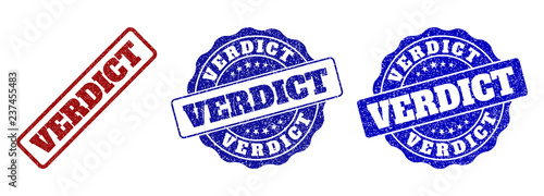 VERDICT scratched stamp seals in red and blue colors. Vector VERDICT labels with grunge effect. Graphic elements are rounded rectangles, rosettes, circles and text labels.