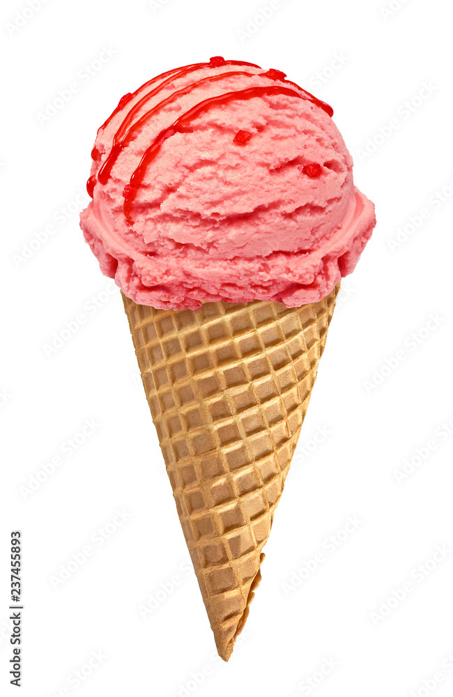 Strawberry Ice cream scoop with sauce or sherbet on cone isolated on white background Strawberry Ice cream scoop with sauce or sherbet on cone isolated on white background