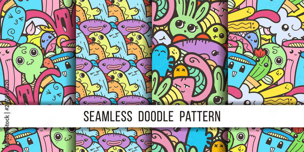 Collection of funny doodle monsters seamless pattern for prints, designs and coloring books