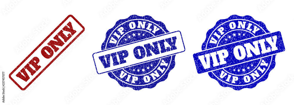 VIP ONLY grunge stamp seals in red and blue colors. Vector VIP ONLY overlays with grunge style. Graphic elements are rounded rectangles, rosettes, circles and text labels.