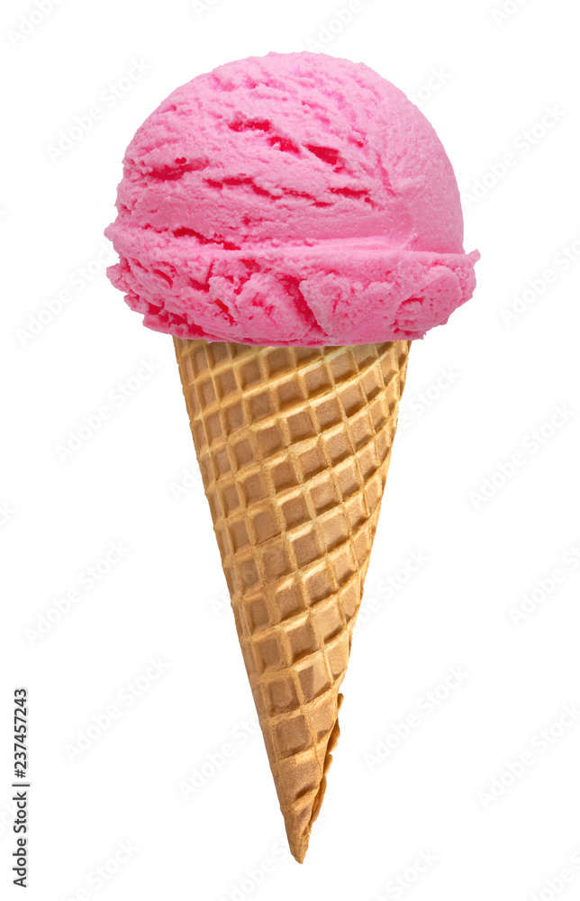 Strawberry and Vanilla ice cream scoops on cone isolated on white background Strawberry and Vanilla ice cream scoops on cone isolated on white background