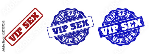 VIP SEX scratched stamp seals in red and blue colors. Vector VIP SEX labels with distress surface. Graphic elements are rounded rectangles, rosettes, circles and text titles.