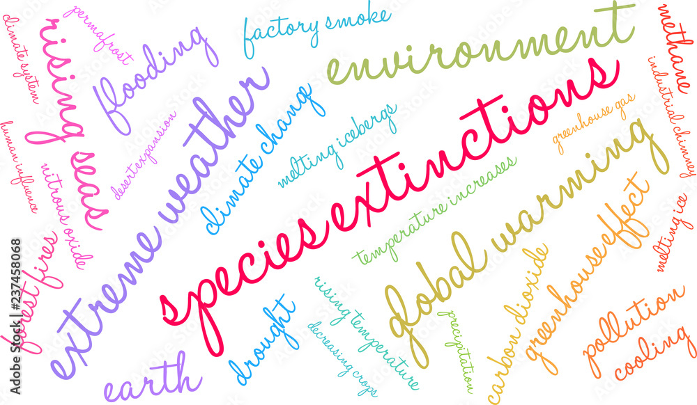 Species Extinctions Word Cloud on a white background. Species Extinctions Word Cloud on a white background.
