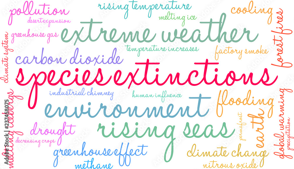 Species Extinctions Word Cloud on a white background. Species Extinctions Word Cloud on a white background.