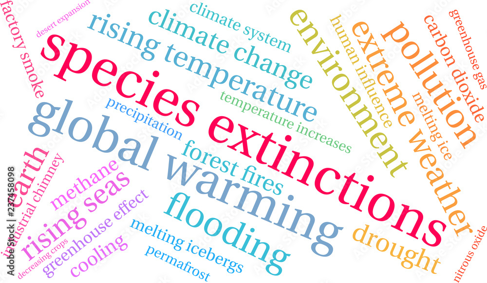 Species Extinctions Word Cloud on a white background. Species Extinctions Word Cloud on a white background.