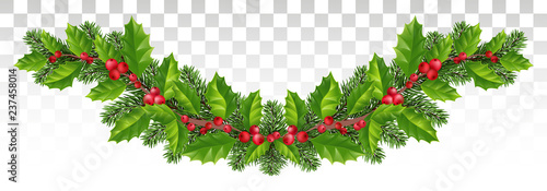 Long garland of spruce branches, holly and red berries. Festive wide decor. Panorama. vector.Eps 10.