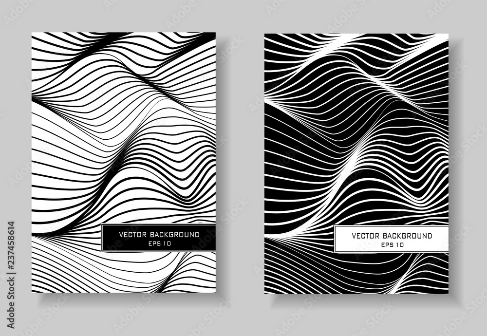 Book covers set. Black and white line art design. Waving squiggle lines. Minimal abstract futuristic layout. Two vector templates A4 for brochure, catalog, portfolio. EPS 10 illustration