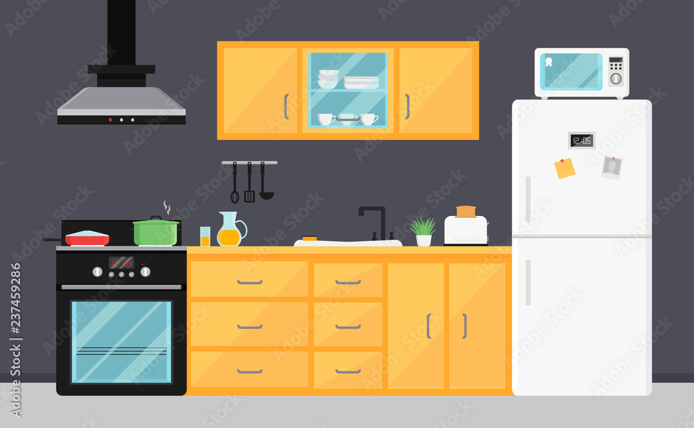 Flat vector kitchen with electric appliances, sink, furniture and dishes. Modern cooking devices. Room interior Flat vector kitchen with electric appliances, sink, furniture and dishes. Modern cooking devices. Room interior