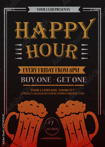Happy hour. Beautiful greeting card poster, calligraphy golden text with beer mug and lettering. Hand drawn, design elements. Black background. Vector EPS 10.To see similar, please VISIT MY PORTFOLIO.