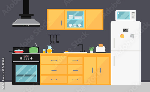 Flat vector kitchen with electric appliances, sink, furniture and dishes. Modern cooking devices. Room interior